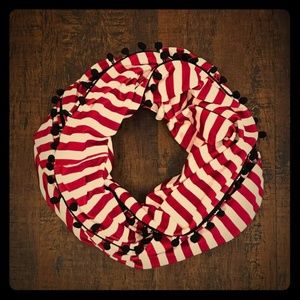 BURGANDY/WHITE STRIPE POM POM INFINITY SCARVES